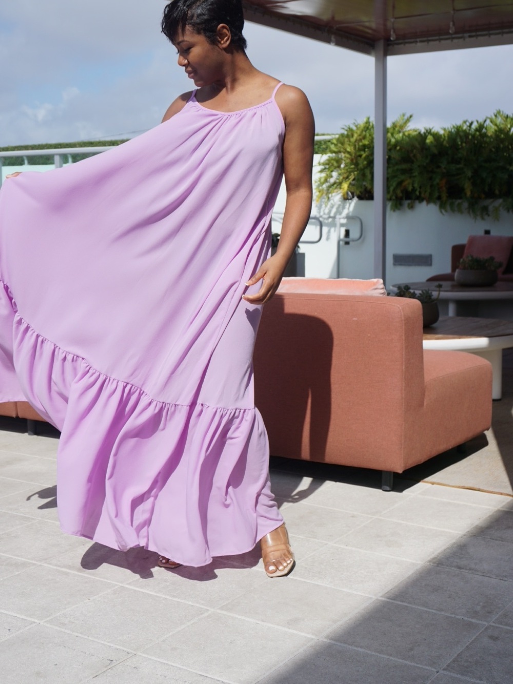 Flowing Lilac Tiered Maxi Dress with Spaghetti Straps